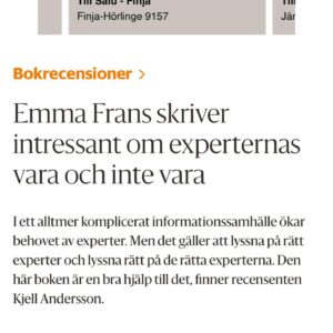 Emma Frans Instagram - Nu börjar recensionerna om Expertparadoxen rulla in. Som vanligt ignorerar jag berömmet och mår piss av kritiken. Hoppas att boken ger upphov till fortsatta diskussioner och expertens roll i infodemins tidsålder!