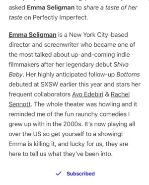 Emma Seligman Instagram - What @emmmaseligman is into…

📞 Calling my Mum
🎨 Museum of the City of NY
🛍 Value Village
🤯 The moment in season 2 of Succession where Carl calmly tells Roman and Frank that he’s having a panic attack
🪩 Charli XCX

~link in bio~ for the full post ⭐️