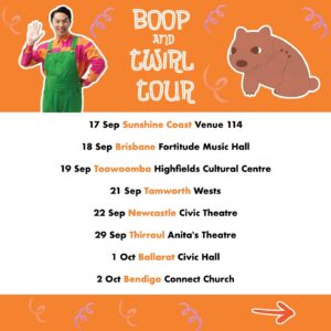 Emma Watkins Instagram - I’m heading back out on my orange Butterfly Bus to tour around the country bringing the 🧡 Boop and Twirl Tour 🧡 to Aussie families far and wide 🫶🏽 I’m SO excited to sing, dance and sign along with my friends; Elvin Melvin, BB Butterfly, Waffles the Wombat and your favourite Memma Mates! Tickets go on sale 15th May at 11am local time! Head to the link in my bio for more info 🌸

 #BoopandTwirlTour #EmmaMemma