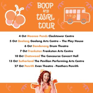 Emma Watkins Instagram - I’m heading back out on my orange Butterfly Bus to tour around the country bringing the 🧡 Boop and Twirl Tour 🧡 to Aussie families far and wide 🫶🏽 I’m SO excited to sing, dance and sign along with my friends; Elvin Melvin, BB Butterfly, Waffles the Wombat and your favourite Memma Mates! Tickets go on sale 15th May at 11am local time! Head to the link in my bio for more info 🌸

 #BoopandTwirlTour #EmmaMemma