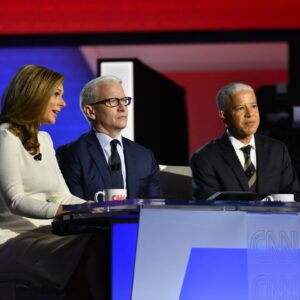 Erin Burnett Instagram - Erin Burnett and @andersoncooper take the stage as moderators of the #DemDebate, along with New York Times national editor Marc Lacey. For more image of the 2020 presidential campaign season follow @ontheroad2020.