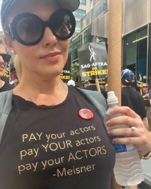 Erin Cummings Instagram - GREAT first Monday of the @sagaftra strike, united with the @wgaeast & @writersguildwest!

Big shout out to my sister from another mister, epic talent and SAG-AFTRA Secretary-Treasurer @msjoelyfisher, who flew to NY from LA for bicoastal support, forever friends @janeymontgomery & @megsteedle, a whole bunch of new friends I met on the picket line, partial cast of @theboystv, including @jack_quaid @colby.minifie @claudiadoumit @maybeayacash for being so lovely and showing solidarity IN FRONT OF THEIR OWN STUDIO and BIG THANK YOU to @joseandresgroup for bringing cold water, huge sandwiches and single serving bottles of the BEST GAZPACHO for all the hot & hungry artists on the picket lines.

If you’re wondering about my shirt, I made it myself on my @cricut machine last night! We are artists - let’s get creative!

#sagaftrastrike #writersstrike #sagaftra #wga #unionstrong