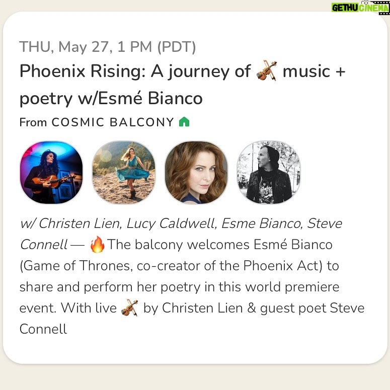 Esmé Bianco Instagram - *TODAY* Cosmic Balcony on Clubhouse, May 27th 1-3pm PST. Link in bio 🔥 I’m delighted to be sharing my poetry publicly for the first time as part of a collaborative performance with the exceptional @christenlien 🔥🎻🖋Join us for Phoenix Rising: a journey of spoken word and music, as we explore what it means to rise from the ashes together. With guest poet @steveconnell