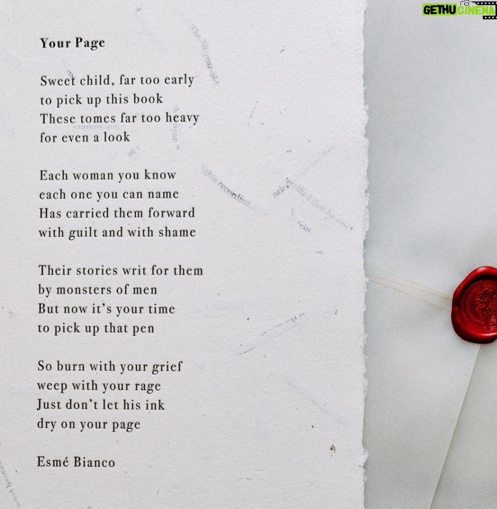 Esmé Bianco Instagram - I’m delighted to finally share with you my first poetry release. I wrote YOUR PAGE for a very special young lady in my life. When she was sexually assaulted last year I found myself lost for words, and yet there was so much I wanted to express to her. That’s when this poem came pouring out of me. And what began as a love letter from one survivor to another, soon became a rallying call to all survivors. To reclaim our narratives, to raise our silenced voices, and to write the next chapter ourselves. It seems fitting that the first poem I release into the world be one that means so much to me. I send her forth to you with my whole heart, soul, strength and might, Esmé *********** YOUR PAGE is now available as a limited edition broadside print on my website, link in bio @ashbornpressofficial #poetry #poetsofinstagram #writing #newrelease #limitededition #poets #letterpress