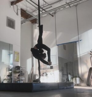 Eva Ariel Binder Instagram - I did a lot of spinning today... Last one is why I always use a crash mat 😀 #ariel #spinning #cirque #flexibility #arms #dog #silks