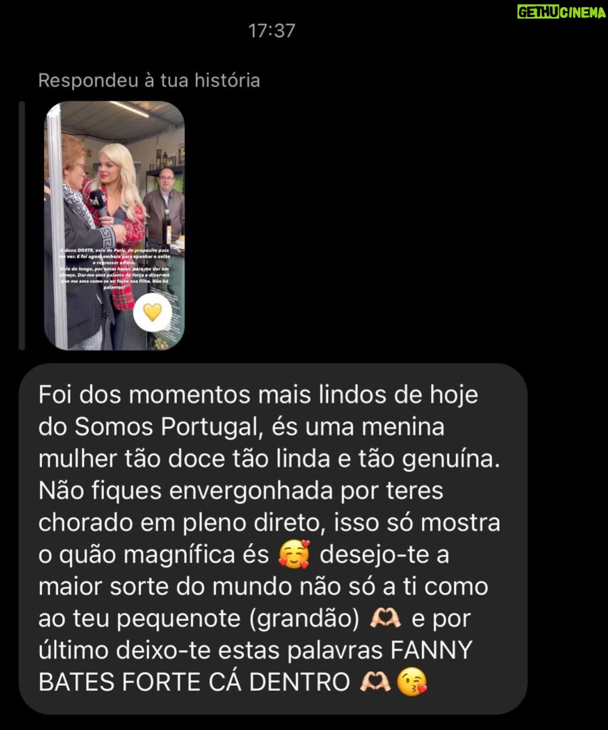 Fanny Rodrigues Instagram - A Odete, hoje não imagina o bem que me fez. O abraço dela carregou-me o coração. A alma e deu-me esperança. A Odete chegou hoje ao aeroporto de Lisboa às 8:30 (veio de Paris), alugou um carro e veio até Ansião, para me conhecer pessoalmente. Já o tinha tentado fazer antes, mas não conseguiu. (Eu acho é que Deus realmente sabe o que faz). Esteve comigo, abraçou-me e disse que me ama como se eu fosse filha dela. Entre outras palavras de conforto. Secou-me as lágrimas. Foi amparo, no meio da minha fragilidade. Esteve ali comigo. E foi embora porque tinha de voltar ao aeroporto, para regressar a Paris. Tudo no mesmo dia!!! Não existem palavras para descrever a Odete. O “esforço” que fez para me dar amor e colo. Nunca, mas nunca me esquecerei. O Amor. É isto! O amor, está refletido na Odete. E hoje, conseguiu fazer com que ele se refletisse em mim. A todas as “Odetes”, do País e do Mundo que espalham amor, o meu muito obrigada 🙏🏼🤍