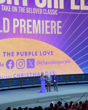 Fatima Robinson Instagram - So full of gratitude for all the people who put this movie together. Beautiful Night💜Masterpiece of a Movie….The Color Purple will blow you away. 

Hair @lenajaye_ 
Make up @bobbierileybeauty 
Earrings and cuffs @lisaeisnerjewelry 
Rings @_neoancient_ 
Hat @houseofmalakai
Dress @alexperryofficial