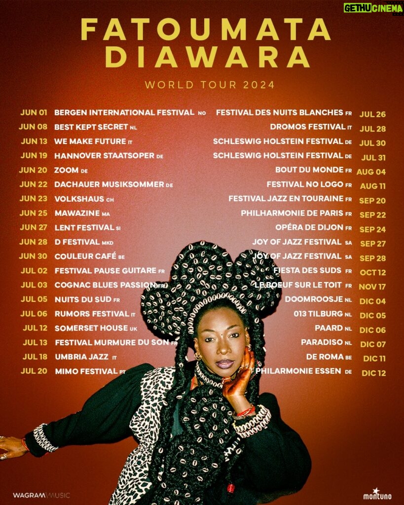 Fatoumata Diawara Instagram - I'm delighted to announce the following dates of my 2024 World Tour! 🙏🏿❤️🙏🏿❤️ These last few months of touring have been incredible, you've all given me such strong energies and I can't wait to share more moments with you all. Don't miss any concert dates, I can't wait to see you all there! Loveee❤️🙏🏿
