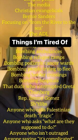 Francesca Fiorentini Instagram - What are you exhausted by other than genocide? Been meaning to post more but here’s a quick non-exhaustive list about things I’m exhausted by. #ceasefirenow #freepalestine