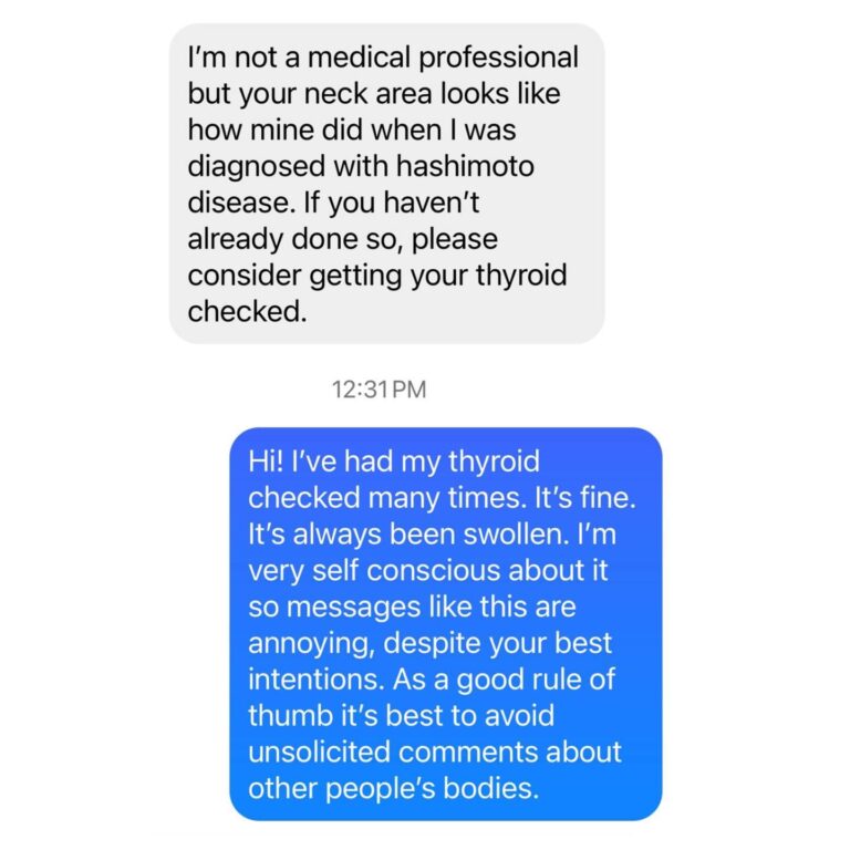Franchesca Ramsey Instagram - RE: the weekly messages about my thyroid/neck *swipe* for a story in 3 acts. Fortunately my excellent WGA health insurance has covered the myriad of tests over the past 4 years that continue to tell me my thyroid is fine. Despite that, I’ve becoming increasingly self conscious about my neck, largely in part to constant messages like this. I’ve gotten acupuncture, changed by diet, visited a plastic surgeon, seen wholistic doctors, cut out food groups, changed my wardrobe and accessories and even the placement of my video captions all in pursuit of “fixing” something that NEVER bothered me until random folks online started commenting on my body. Social media has changed my life in more ways than I can measure, but it has also given folks a false sense of familiarity with myself and others that too often ventures into disrespectful. Despite one’s best intentions, unsolicited comments about someone’s body (especially a STRANGER) can be hurtful. And saying so isn’t unreasonable or “shitting on” anyone. Lastly, I am never going to apologize for being honest about my feelings or setting/enforcing boundaries with ANYONE. I truly hope continuing to say this loudly and emphatically gives others permission to do the same. Thanks.