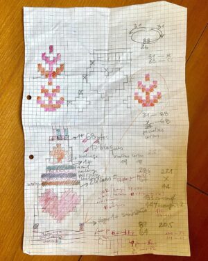 Francisca Imboden Instagram - Mi profe del colegio, don Abelardo Valenzuela, debe estar chocho mirando desde el Universo tanta matemática aplicada! Me acuerdo patente que me costaba harto, hasta que llegó y nos dio vuelta la forma de mirar los números… “Cuando esté con el pololo, nada más romántico, que recitar juntos el cuadradito de binomio” 🤣🤣🤣 Ahora lo entiendo tanto! Porque para inventar un patrón de tejido, uno debe hacer miles de asociaciones lógicas y múltiples reglas de tres para lograr las proporciones exactas, según las medidas implicadas: cuantos puntos y cuantas corridas hacen un centímetro, cada cuánto se aumenta para llegar de la cantidad de puntos del cuello a las que se necesitan para lograr el contorno del pecho y de las mangas, qué diseños pueden ayudar a lograr armónicamente ese aumento… Sé que es muy nerd, pero lo encuentro fascinante!🤓… Mi hoja de proyecto es un desorden que sólo yo entiendo, pero ayuda a ver un poco todo lo que implica un diseño. Y además de eso, es tan precioso jugar con las posibilidades a veces improbables de combinaciones de colores, materiales distintos y diseños de patrones! Siempre es entusiasmante, y siempre es una sorpresa feliz cuando se logra. 
#labellezadelasmatemáticas #amotejer #restitospechochos @ecocitex
