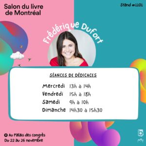 Frédérique Dufort Instagram - Woupeeelaaaye! 
Je suis tellement focus sur mes projets ces temps-ci (🤯rester assise et concentrée pendant des heures…. Miracle de TDAH - ceux qui savent, savent !). J’ai donc eu une belle surprise dans l’horaire en voyant le @salonlivremtl ! 👏🏼

Si ça te tente de venir faire un petit tour, de tester mes connaissances (je me donne pas mal le défi de te trouver n’importe quel titre depuis que je fais mes chroniques 🤓) ou juste de venir jaser 🩵

J’y serai ! xxxx