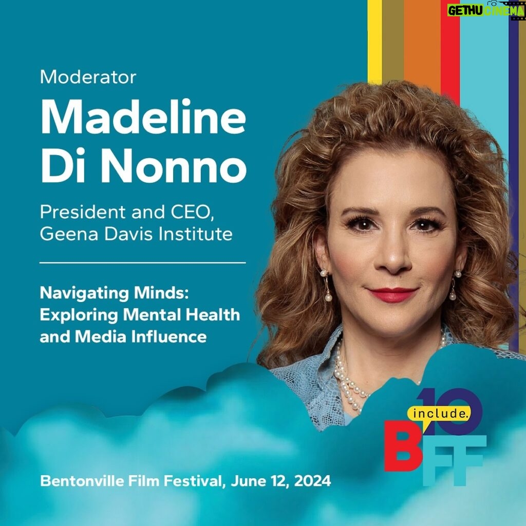 Geena Davis Instagram - We’re so excited to be back in Bentonville for the 10th annual @BFFFestival! We have so many incredible events planned this week, including a panel discussion on the pivotal role media plays in perceptions of mental health, led by Madeline Di Nonno. We’ll be joined by filmmakers Nadine Crocker and Set Hernandez, psychologist David Anderson, and actor Saara Chaudry to discuss the complex relationship between mental health and the media, exploring both its potential benefits and pitfalls.  #seeitbeit #BFF2024 #BentonvilleFilmFestival #BFF10