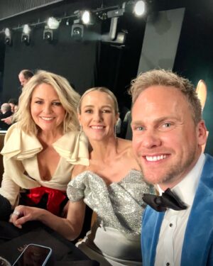 Georgie Gardner Instagram - Phew! Survived the red carpet mayhem thanks to giggles with the fabulous @aloxley My frock is archival Gucci & love that it’s been worn & will be worn again. As always hugest thanks & love to the angels who polish and style us @morganhillhair @__alexwilson__