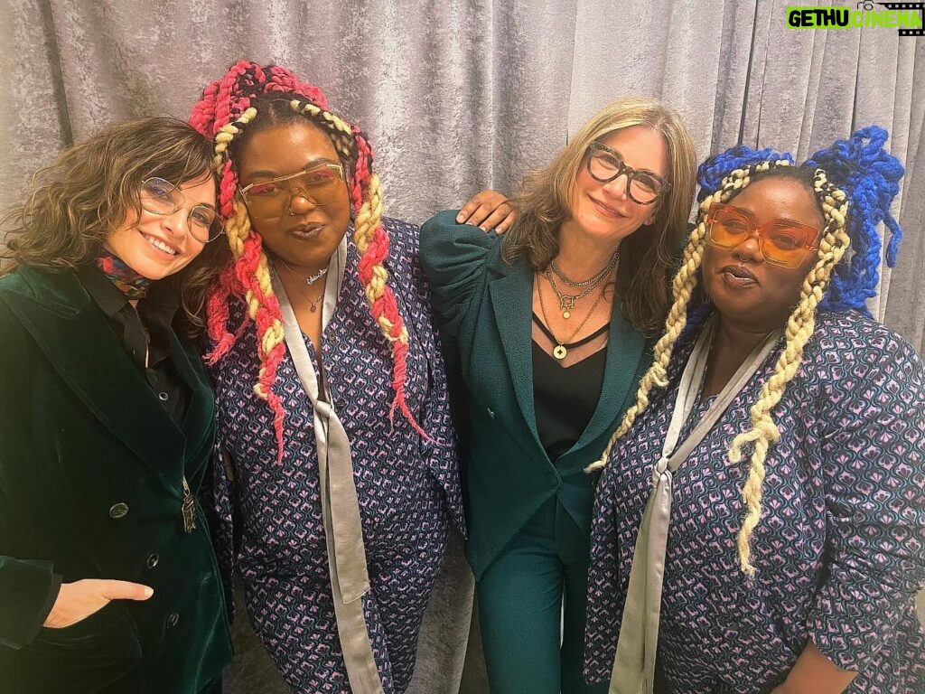 Gina Gershon Instagram - The Sisters with the Sistas!!!! @sistastrings killed it last night ( as they always do) at The Gershwin Award Library of Song last night , honoring @eltonjohn ad @bernietaupinofficial Taupin for Popular song writing- Love being with @sistastrings and @tracygershon who is having a blast working with these 2 brilliant musicians, singers and good time gals…. And best of all we were all twinning with our sibling!! My favorite thing!!!