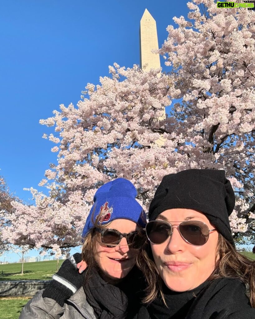 Gina Gershon Instagram - Early morning brisk walk with my sister and the cherry blossoms- is seemed so hopeful….….#spring #seestors #washingtonmonument 🌸🌸🌸🌸🌸