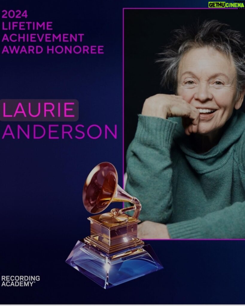 Gina Gershon Instagram - Wigs off to my pal Laurie Anderson on her Grammy’s Lifetime Achievement award. Well deserved. Laurie has been such an original pioneer trailblazer artist in so many mediums for so long she is an inspiration to all in work and spirit! Congrats my friend. @laurieandersonofficial #lifetimeachievementaward #grammys #artist #pioneer #trueoriginal 💃💃