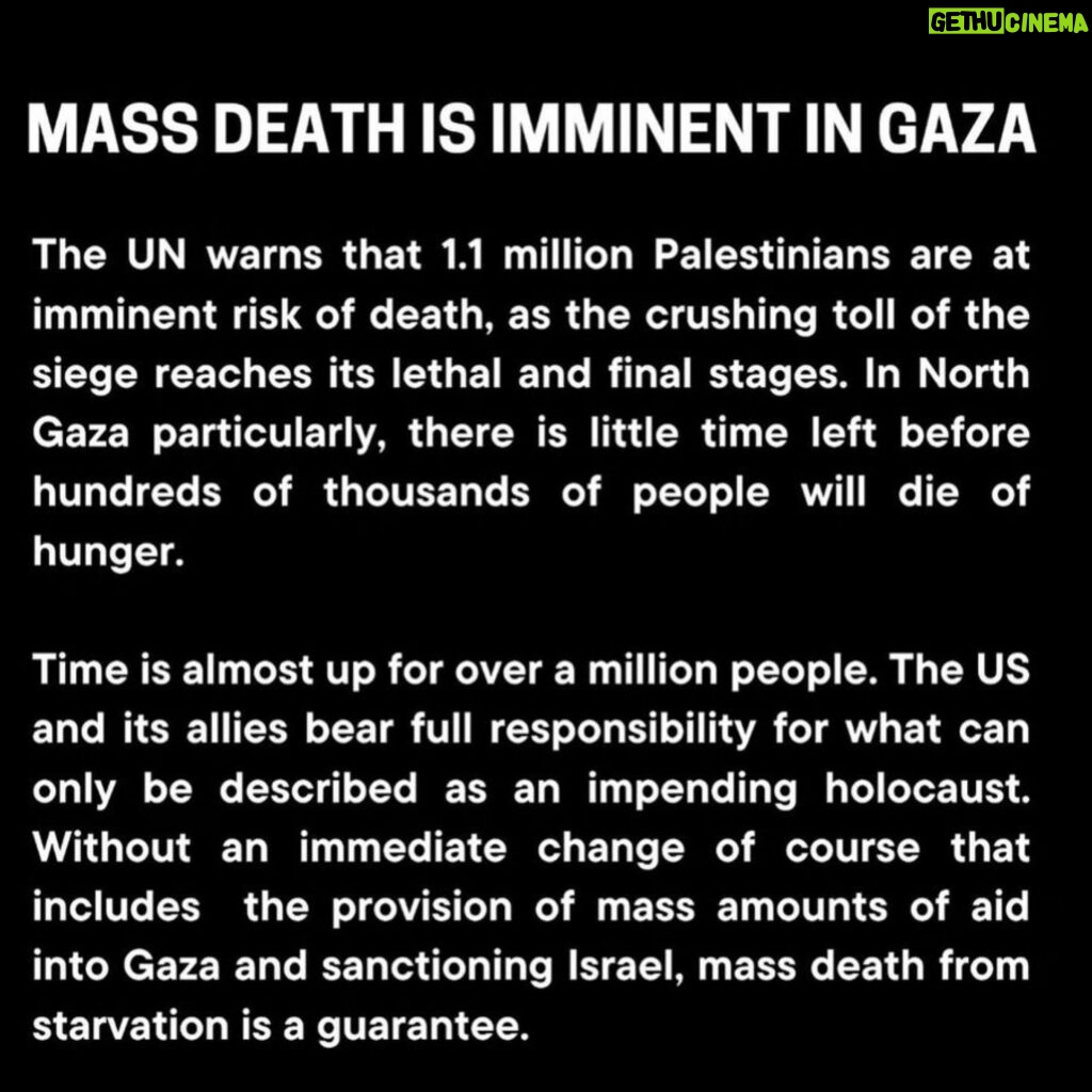 Gina Gershon Instagram - We can all agree that what occurred on October 7 th was horrific beyond. Hamas is the enemy - to watch all of these innocent people die is unbearable. Bring back our hostages. Anti semitism is out if control. Unacceptable. Unbelievable really-Stop All of the Killing- what have we all turned into? - . . #repost @mxviv ・・・ “Famine is projected to occur anytime between now and May 2024 in the northern governorates,” the UN Food and Agriculture Organization (FAO) said, upon publication of a new Integrated Food Security Phase Classification (IPC) report on Gaza. ‘Act now to prevent the unthinkable’ “Palestinians in Gaza are enduring horrifying levels of hunger and suffering”, said UN Secretary General António Guterres outside the Security Council in New York, describing the IPC report as an “appalling indictment of conditions on the ground for civilians”. “This is the highest number of people facing catastrophic hunger ever recorded by the Integrated Food Security Classification system – anywhere, anytime,” he added. “This is an entirely man-made disaster, and the report makes clear that it can be halted,” he warned, saying this showed the need for an immediate humanitarian ceasefire.