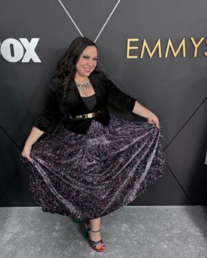 Gloria Calderón Kellett Instagram - Incredible night at the Emmy's and Governors Ball – my favorite Emmy's yet! Reconnecting with old friends and forging new connections has left me truly inspired to create even more! 🌟 #EmmysNight 
Skirt & Shoes: @shopburu 
Velvet bolero & necklace: vintage
Earrings: @melindamaria_jewelry 
Glam & styling: me with the consultation of @indiadebeaufort & @lillianavazquez ❤️