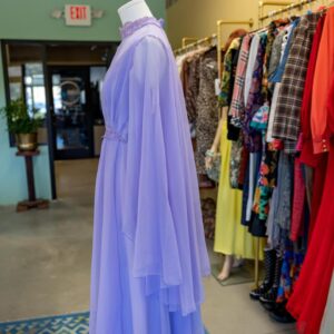 Grey DeLisle Instagram - **SOLD**
Exceptional Ethereal Lavender Dance Goddess Gown 
$125 shipped to Anywhere, USA 
Size: Approximately a modern size 6 

Stunning 1970’s vintage draped chiffon goddess dress crafted from sheer poly chiffon over solid crepe. Crocheted floral appliqués. Zips up the back. 

Note: This is a true lavender. It looks different from photo to photo depending on the light, but definitely lavender and not periwinkle or pink.

Label: ‘Dance Allure’

Overall length: 54-1/2
Bust: Approximate: 34-36” 
Waist: 27-28”
Hips: free
#lavender #goddess #70s #vintage #dance #greydelisle
