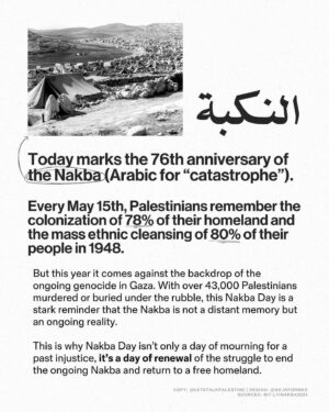Haley Webb Instagram - via @letstalkpalestine | Today marks the start of the 76th year of the Nakba 🇵🇸 • But is the Nakba an event or a process?
What do most people misunderstand about it?
• How do we situate the Gaza genocide within the Ongoing Nakba and its historical progression?
✊ How should this empower us to fight harder, disrupt further, and stick to our principles for full liberation from the river to the sea? 🌊 

Thank you to @so.informed for collaborating on this with us! 💛🎨

#freepalestine #palestine #israel #telaviv #jerusalem #gaza #gazastrip #savegaza #gazaunderattack #activism #media #politics #history #activist #nakba #nakbaday #jewish #arab #lebanon #jordan #egypt #cairo #islam #muslim