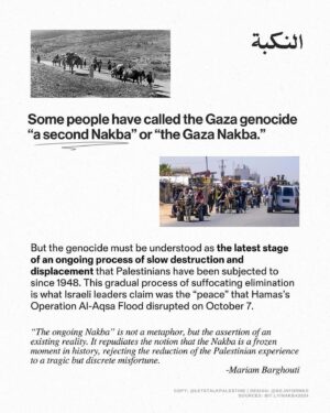 Haley Webb Instagram - via @letstalkpalestine | Today marks the start of the 76th year of the Nakba 🇵🇸 • But is the Nakba an event or a process?
What do most people misunderstand about it?
• How do we situate the Gaza genocide within the Ongoing Nakba and its historical progression?
✊ How should this empower us to fight harder, disrupt further, and stick to our principles for full liberation from the river to the sea? 🌊 

Thank you to @so.informed for collaborating on this with us! 💛🎨

#freepalestine #palestine #israel #telaviv #jerusalem #gaza #gazastrip #savegaza #gazaunderattack #activism #media #politics #history #activist #nakba #nakbaday #jewish #arab #lebanon #jordan #egypt #cairo #islam #muslim