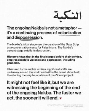 Haley Webb Instagram - via @letstalkpalestine | Today marks the start of the 76th year of the Nakba 🇵🇸 • But is the Nakba an event or a process?
What do most people misunderstand about it?
• How do we situate the Gaza genocide within the Ongoing Nakba and its historical progression?
✊ How should this empower us to fight harder, disrupt further, and stick to our principles for full liberation from the river to the sea? 🌊 

Thank you to @so.informed for collaborating on this with us! 💛🎨

#freepalestine #palestine #israel #telaviv #jerusalem #gaza #gazastrip #savegaza #gazaunderattack #activism #media #politics #history #activist #nakba #nakbaday #jewish #arab #lebanon #jordan #egypt #cairo #islam #muslim