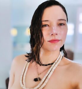 Haley Bennett Instagram - summer loving in san people beautiful hand carved shell necklace @universalutility thank you I love your soul and @jiajiajewelry feeling raw, feminine, powerful grounding, protective black tourmaline and smokey quartz, slathered in mask @sisleyparisofficial and hair chats this morning with my love @garrennewyork strong, sensual, dominate, flowing with creative energy and power