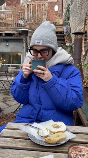 Hallea Jones Instagram - One of the only people who can get me outta bed and out on a cold ass coffee walk at 10am lol (@hang6ix you’re the only other person)

Hat: @herschelsupply 
Glasses: cute vintage shop on dundas&ossington (north east side..?)
Scarf: West Elm (still not sure if it’s a scarf or tiny blanket)
Jacket: vintage @eddiebauer found in my moms closet