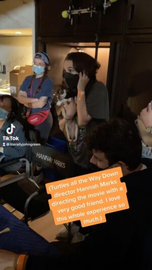 Hannah Marks Instagram - how the 🐢🌀 shoot is going according to @johngreenwritesbooks ‘s tik tok. the scenes just go better if I’m holding @isabelamerced ‘s dog, bon bon💗