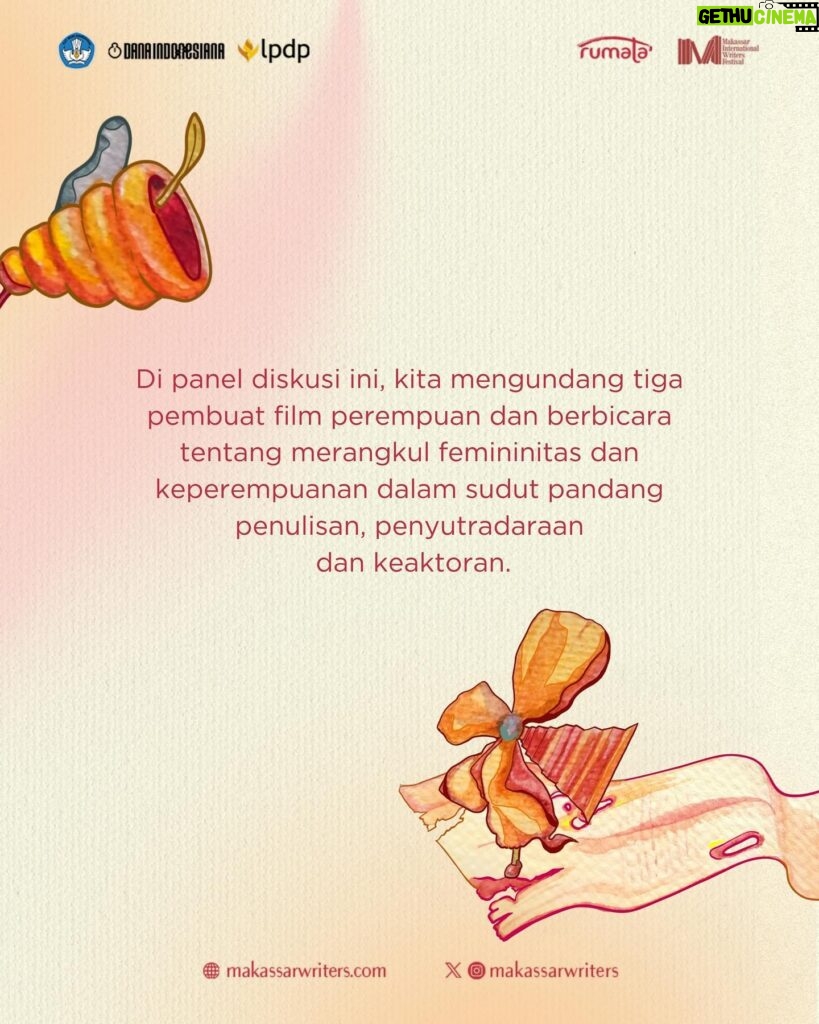 Hannah Al Rashid Instagram - Diskusi ini menghadirkan sineas perempuan untuk mengulik perspektif mereka terkait peran perempuan dan feminitas dibalik proses produksi perfilman. Kegiatan ini GRATIS dan terbuka untuk umum. Catat tanggalnya dan ajak teman-teman kalian, yaa! #makassarwriters #miwf2024 #mothering #rumataartspace #meikemakassar