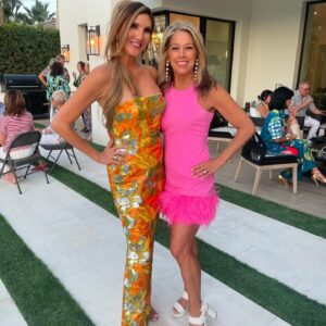 Heather McDonald Instagram - Slide Right. I Had a 1970 themed Palm Springs party last night. I got this dress b/c I knew it would pair perfectly with my sister’s.  Shannon is wearing our mom’s dress from the early 1970s. How cute is my daughter in @trinaturk More pics and videos to come. No filter or photo shop on these FYI @goldstein.shannon @kraftmackncheese @deniseaustin @thebrandyhoward #palmsprings #laquinta #party #cocktails #pool #palmtrees #memorialday #1970s #eveningdress #juicyscoop #heathermcdonald @shophelsi is my dress