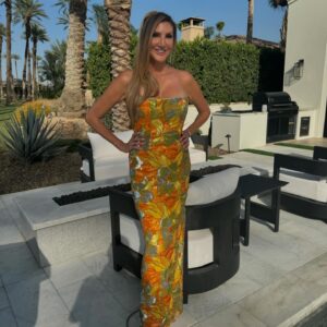 Heather McDonald Instagram - Slide Right. I Had a 1970 themed Palm Springs party last night. I got this dress b/c I knew it would pair perfectly with my sister’s.  Shannon is wearing our mom’s dress from the early 1970s. How cute is my daughter in @trinaturk More pics and videos to come. No filter or photo shop on these FYI @goldstein.shannon @kraftmackncheese @deniseaustin @thebrandyhoward #palmsprings #laquinta #party #cocktails #pool #palmtrees #memorialday #1970s #eveningdress #juicyscoop #heathermcdonald @shophelsi is my dress