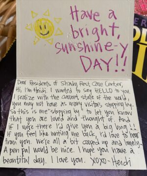 Heidi Gardner Instagram - Please join me and send a card to a nursing home. Senior citizens need our love more than ever right now. They are isolated and not able to be visited by loved ones. I was thinking this morning that a card could really cheer them up. Thanks for reading this and if you do write one, please send me a pic so I can share and we can continue to spread the love together. 💕💕💕💕💕💕💕💕