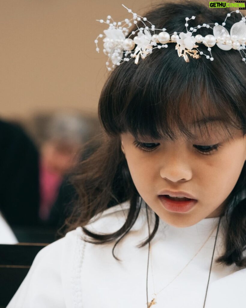 Helga Krapf Instagram - Another milestone: Amelie’s first holy communion. 🙏🏼 She was so excited for this and was so kilig to finally get to try that “white thing” mommy always eats in mass. 🙈😆😅 Made sure she got a piece of home with her by letting her wear a custom made Filipiniana inspired @thehouseofenchante dress. She looked like a little priestess 😍 Her candle is from Portugal, blessed at Our lady of Fatima which we then designed together using wax paper. The cake was made by me with the help of @puratosph 🤭 Only the best for my little miss. 👧🏻 Thank you to our family and friends, and to those who helped make this happen. ☺️ To Amelie, Congratulations on your first holy communion. May God bless and protect you always my love. Love you to the moon and back. 🥰🙏🏼