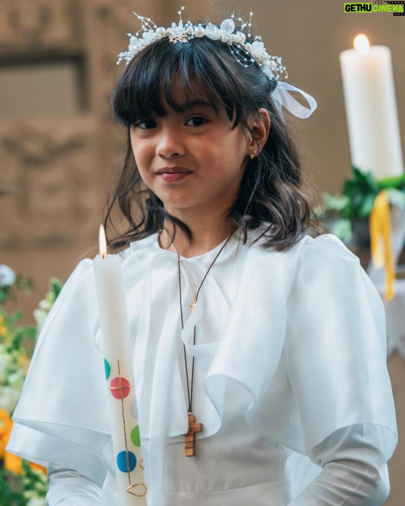 Helga Krapf Instagram - Another milestone: Amelie’s first holy communion. 🙏🏼 She was so excited for this and was so kilig to finally get to try that “white thing” mommy always eats in mass. 🙈😆😅 Made sure she got a piece of home with her by letting her wear a custom made Filipiniana inspired @thehouseofenchante dress. She looked like a little priestess 😍 Her candle is from Portugal, blessed at Our lady of Fatima which we then designed together using wax paper. The cake was made by me with the help of @puratosph 🤭 Only the best for my little miss. 👧🏻 Thank you to our family and friends, and to those who helped make this happen. ☺️ To Amelie, Congratulations on your first holy communion. May God bless and protect you always my love. Love you to the moon and back. 🥰🙏🏼