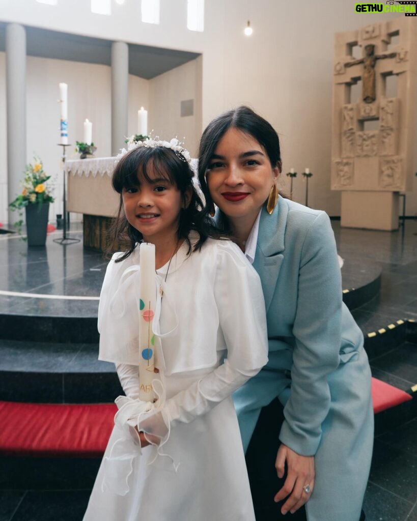 Helga Krapf Instagram - Another milestone: Amelie’s first holy communion. 🙏🏼 She was so excited for this and was so kilig to finally get to try that “white thing” mommy always eats in mass. 🙈😆😅 Made sure she got a piece of home with her by letting her wear a custom made Filipiniana inspired @thehouseofenchante dress. She looked like a little priestess 😍 Her candle is from Portugal, blessed at Our lady of Fatima which we then designed together using wax paper. The cake was made by me with the help of @puratosph 🤭 Only the best for my little miss. 👧🏻 Thank you to our family and friends, and to those who helped make this happen. ☺️ To Amelie, Congratulations on your first holy communion. May God bless and protect you always my love. Love you to the moon and back. 🥰🙏🏼