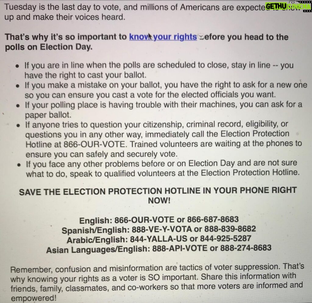 Holland Taylor Instagram - If you want to vote in person HERE ARE YOUR RIGHTS. Read this important info - good to have! Different language hotlines to put in your phone. Ways to protect against any interference or intimidation. If you are in line to vote you have the right to vote no matter the time!