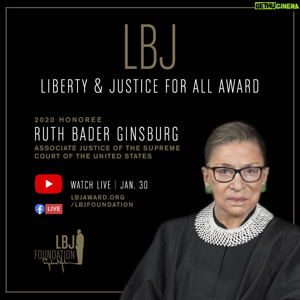 Holland Taylor Instagram - Tonight the LBJ Foundation will award their most prestigious honor, the LBJ Liberty & Justice for All Award, to Associate Justice Ruth Bader Ginsburg of the Supreme Court of the United States. I am honored to be part of the program and will read a brief excerpt from one of Justice Ginsburg’s notable career writings. (Tune in live tonight, the 30th, 7:30 p.m. ET, at LBJ award.org)