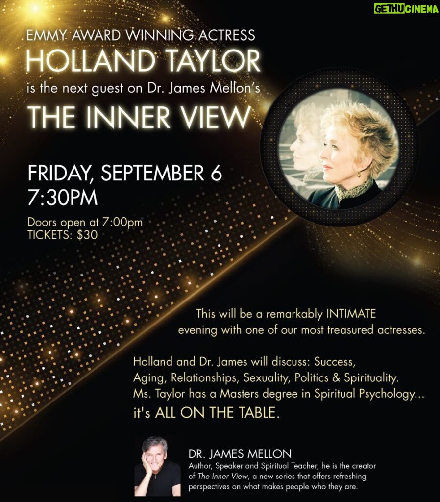 Holland Taylor Instagram - So flattered and honored to be part of @drjamesmellon ‘s new interview series, perfectly titled “The Inner View.” Of course, Dr. James sees everyone as a spiritual being- some of us feel less so than others. I will go wherever he leads in this conversation, for leader he surely is. Looking forward to the understanding he always brings to the biggest questions.