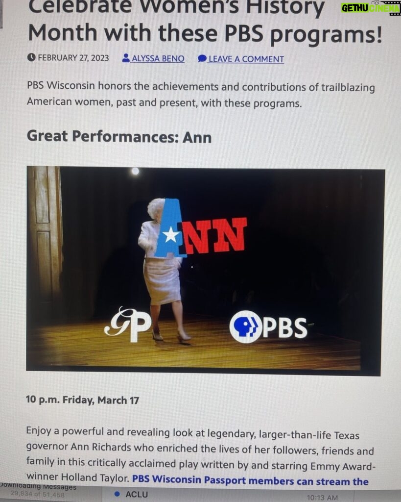 Holland Taylor Instagram - Just saw that @PBS is playing my production of ANN on Great Performances @GPerfPBS during women’s history month- hope that is happening at every PBS hub across the country this March! Ann Richards in the American air-!