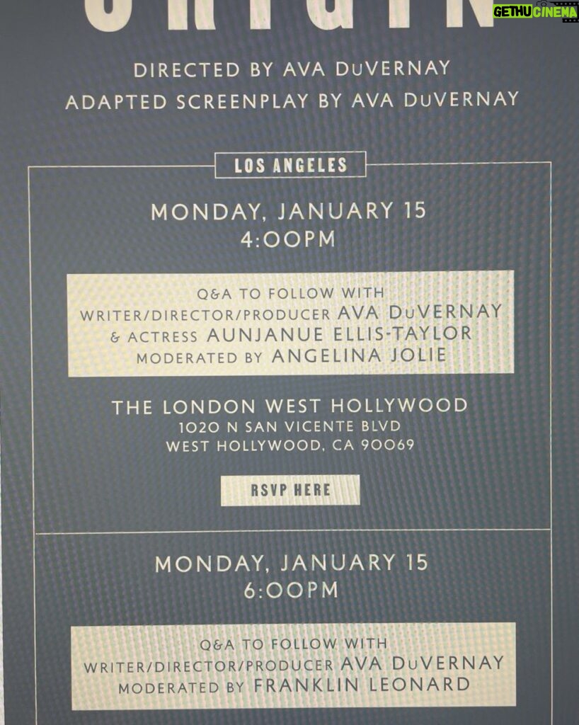Holland Taylor Instagram - Attention Academy Members in LA!!! And everyone else too. Here are two chances to see @Ava DuVernay’s ORIGIN on the big screen- very worth choosing. TODAY- before nominations close tomorrow. This film is an exquisite piece of work, profound- with many superb performances, none more moving and memorable than that of Aunjanue Ellis-Taylor. The second screening, cut off in the post, is the AERO theatre, 1328 Montana Ave., Santa Monica.
