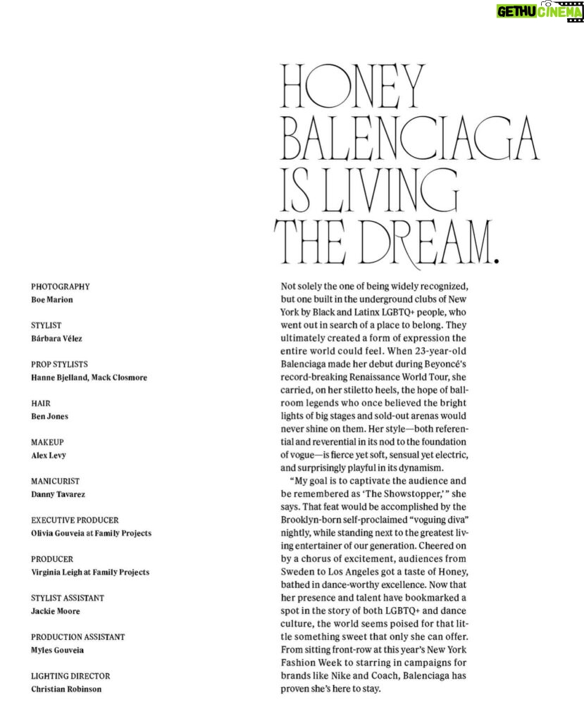 Honey Balenciaga Instagram - The Vogueing Diva on Tidal Magazine Issue 18😚 Read all about it —> @tidalmag 🖤 “One year after Beyoncé’s #RenaissanceWorldTour, Ballroom Artist #HoneyBalenciaga talks about visibility, the intricacies of touring, and uniqueness being her superpower.” Photographer @Boe_Marion Lighting Director @crobiedobie Wardrobe Stylist @barbbvelez Stylist Assistant @jaxnmoore Vest & pants @corbanharper Make-Up Artist @alexlevymakeup Hair Stylist @benjoneshair Manicurist @dannyblessedit Prop Stylist @bjellandclosmore Production @family.projects @oliviargouveia Writer @imannmilner Entertainment Director @muzam_agha