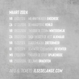 Ilse DeLange Instagram - Verrassing!! Vanaf aankomende februari starten wij een theatertour….ik ben met zoveel nieuwe muziek bezig, dat ik gewoon zin heb om deze songs voor jullie te spelen! Dus ik dacht, we gaan de theaters in ;-)

In februari en maart spelen we meerdere shows door het hele land met de band, heel veel zin in! De kaartverkoop voor de tour start aanstaande vrijdag om 10.00 uur…wie zie ik daar? ❤️