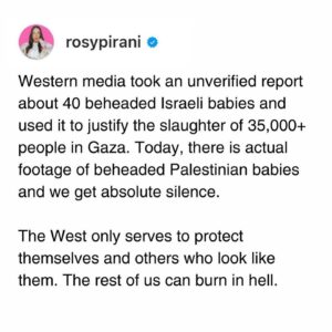 Iman Meskini Instagram - IsraHell has just bombed a refugee camp in Rafah, Gaza – killing more than 50 people, including babies and children!

Palestinians are now being burned alive, and we’ve all seen the video of a beheaded baby being held up in despair by the father… 

Until now, I have not been able to understand how people can choose to remain silent about what is happening in Gaza, but after today i don’t WANT to understand it, and I will never forgive it. 

And to you who HAVE been speaking up, I see you and I love you! Keep going!❤️✊🏽🇵🇸

We ALL need to do more and we need an immediate ceasefire NOW! 🍉 #freepalestine