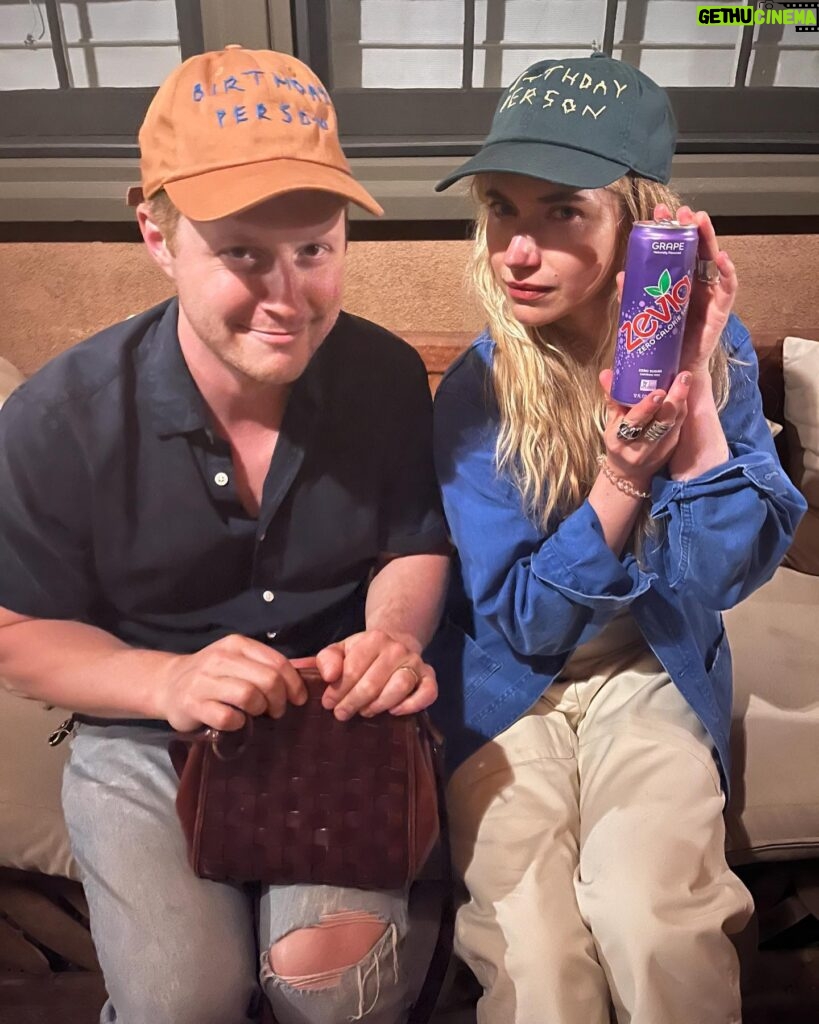 Imogen Poots Instagram - Happy Birthday to @olreid thank you Clare Stone for our caps and for capturing the zevia grape moment, the beverage that simply won’t quit. Told Noah to grab a woman’s purse, all makes sense, congratulations to us, happy new year.