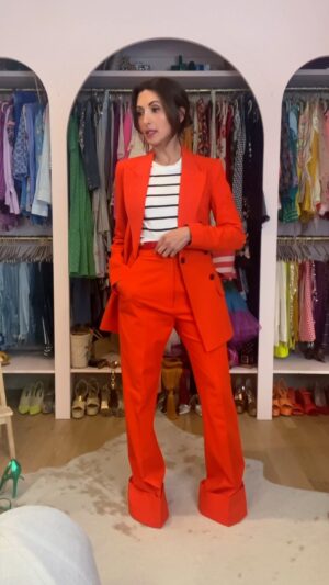 India de Beaufort Instagram - Y’all know I’m a @smythebrand girl. Their suits and blazers have dreamy vintage vibes, are immaculately cut AND they’re female owned ❤️. It took me a minute to get there but in the end I landed on a sweet valentine look for todays @official_tca event and we had a hoot. Thank you for having me @nbc @nbcun❤️ #style #streetstyle #fashion #vintage #grwm #suitstyle DEETS- Both suits: @smythebrand, Jeans: @frame, Red belt: @celine via @therealreal, Black belt: @moschino via @therealreal, Stripe top and black bow: @hm, Monogrammed scarf: @louisvuitton, Vintage blue 60’s bustier: @shopworshipwest, Blue and white stripe 70’s vintage skirt: @rosebowl_fleamarket, Vintage kimono I got in an antique fair in England, Crown Trifari green and gold vintage necklace from @pickwickvintage, Gold platforms: @stevemadden. ❤️