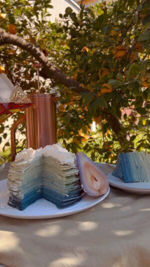 Indy Srinath Instagram - ☁️ 🫐 oh man it’s so easy to not post photos of yourself   food   landscapes   e v e r y t h i n g that doesn’t come out ✨perfectly✨ right. But here are my imperfect crepes that I don’t have a recipe for yet because I’m not quite sure how to keep them from turning sticky when I stack them! Heheh, I hope you enjoy anyway. The ombré effect was made by using butterfly pea powder in progressively larger increments!
.
.
.
.
.
.
.
.
.
#wildfoodlove #foragedfood #cleanfoodie #foodstagram #bakinglove