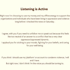 Indy Srinath Instagram - ➡️Swipe 
.
Impact vs. affect vs. the influencer. Seemingly synonymous terms, all meant to describe the results of external factors on the human experience. However, in this moment these terms seem to take on a different gravity.
I’ll never go silent in the long night of oppression, but I will always decenter my voice to amplify the words of victims.