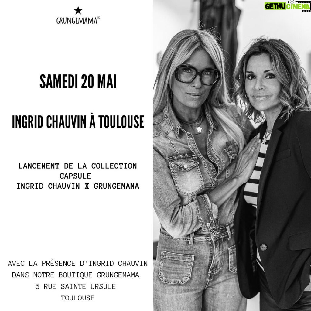 Ingrid Chauvin Instagram - 🗓 SAVE THE DATE Samedi 20/05/2023 INGRID CHAUVIN À Toulouse Dans notre boutique 5 rue St Ursule 31000 TOULOUSE Pour le lancement de la collection capsule INGRID CHAUVIN X GRUNGEMAMA ❤️ Quand tout d’un coup, j’ai eu l’idée de demander à Ingrid d’être avec nous en boutique à Toulouse pour le lancement de la collab… Je suis tombée dans un état d’excitation extrême, et je me répétais sans arrêt «ça serait génial… ça serait génial… » J’envoie en suivant un WhatsApp à Ingrid et qui me répond : « je le ferai avec grand plaisir… je vois avec mon planning de dédicaces ! Je te dis tout à l’heure. » Je réponds par « 🤦‍♀️🤪 ». Partager avec vous en boutique la présence d’Ingrid… quelle joie. Pour celles qui viendront de loin, nous nous occuperons de vous suggérer des hôtels, restaurants, massages, soins, brushing avec des codes privilèges afin que vous puissiez profiter au mieux du week-end. 🤗 Nous avons créé une page où vous pourrez trouver toutes les informations sur l’évènement. (Lien en story) J’espère de tout mon coeur que cette collab sera à la hauteur des attentes d’Ingrid, et qu’elle vous plaira également beaucoup. 🙏 #collaboration #collectioncapsule #ingridchauvin #grungemama